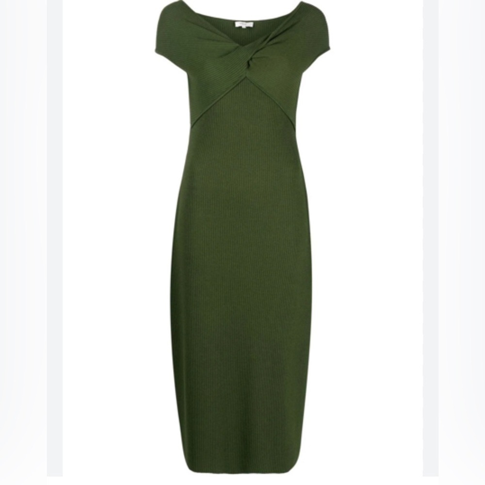 Vince Ribbed Twist Front Cotton Knit Midi Dress in Herb Green Size Small